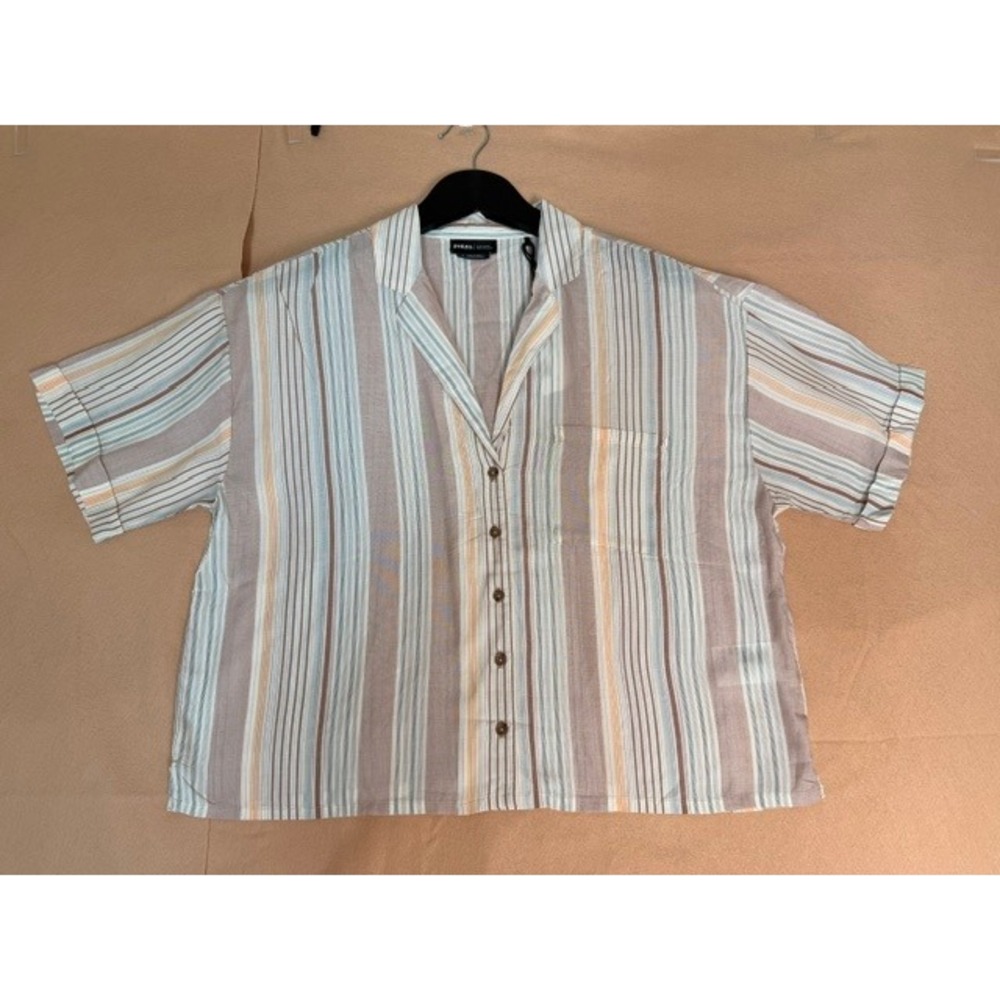 prAna Iguala Top Women's L NWT TENCEL Modal Striped Short Sleeve button Blouse